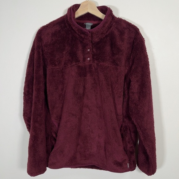 EDDIE BAUER | SNAP MOCK BURGUNDY FLEECE PLUSH PULLOVER - Picture 1 of 12